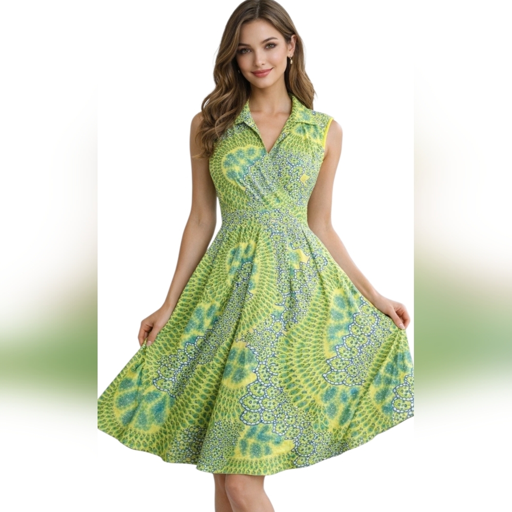 Ellen Tracy Green and Yellow Patterned Midi Dress With Pockets  (size :2)